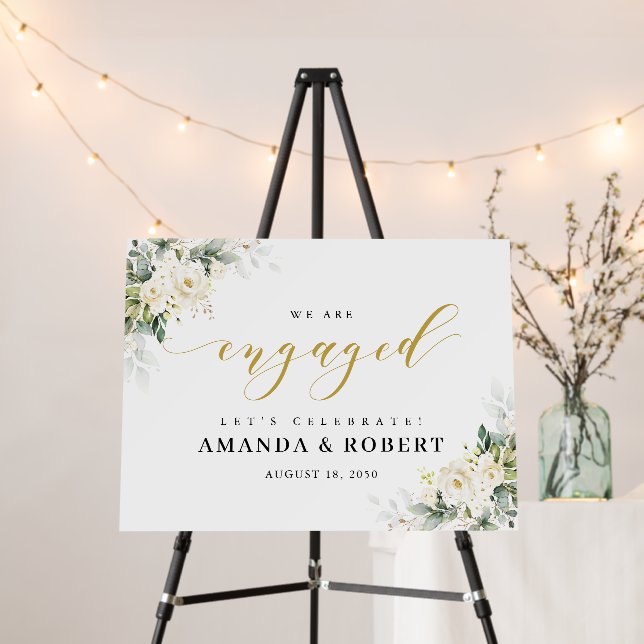 White Roses Floral We Are Engaged Foam Board (In Situ (Stand))