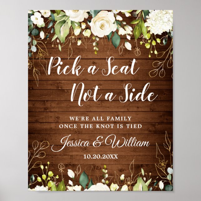 White Roses Floral Wedding Ceremony Seating Poster (Front)