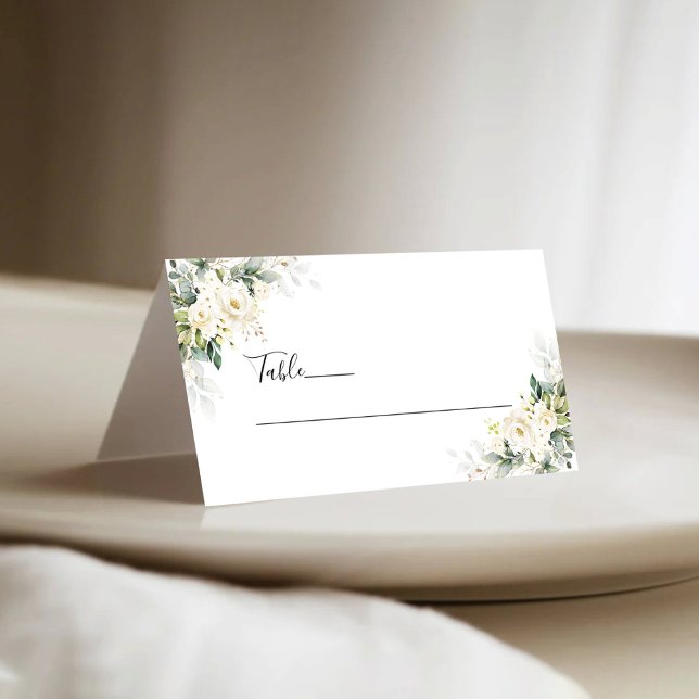 White Roses Floral Wedding Folded Place Card (Creator Uploaded)