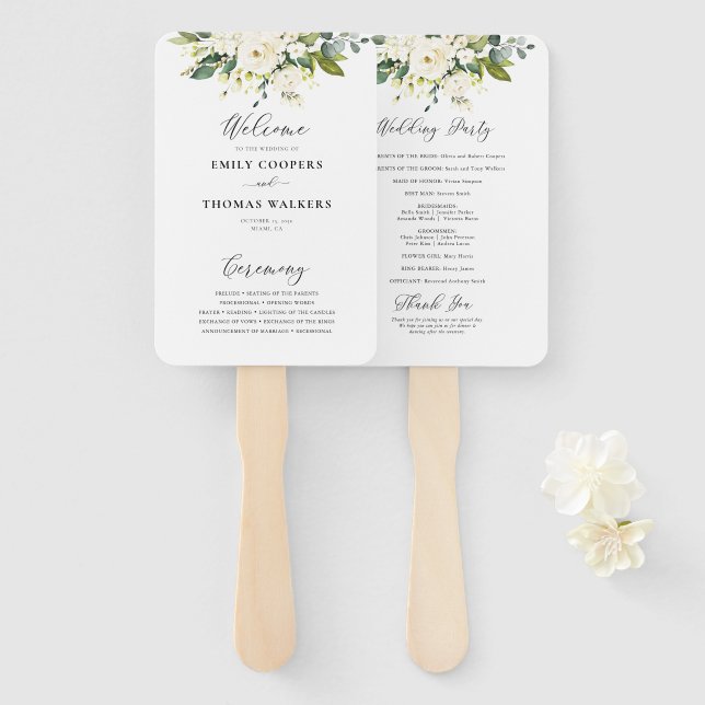 White Roses Floral Wedding Program Hand Fan (Front and Back)
