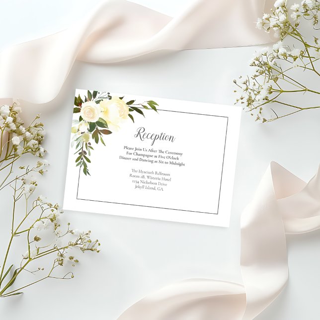 White Roses Floral Wedding Reception | Olive Green Enclosure Card (Creator Uploaded)