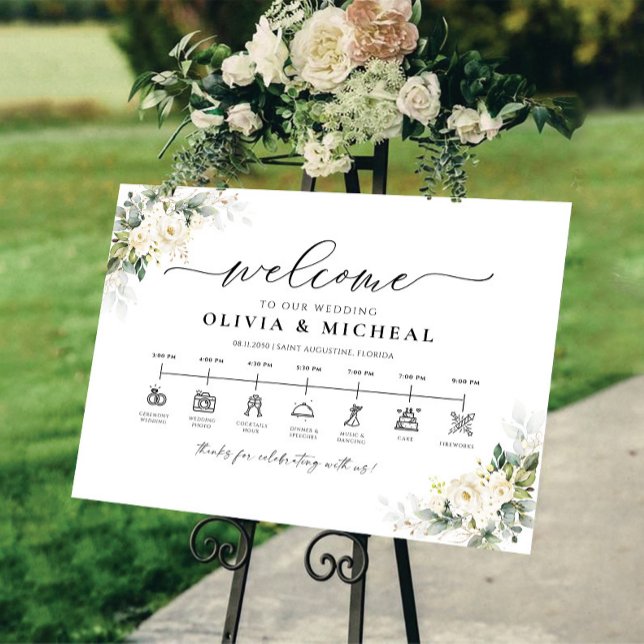 White Roses Floral Wedding Timeline Foam Board (Creator Uploaded)