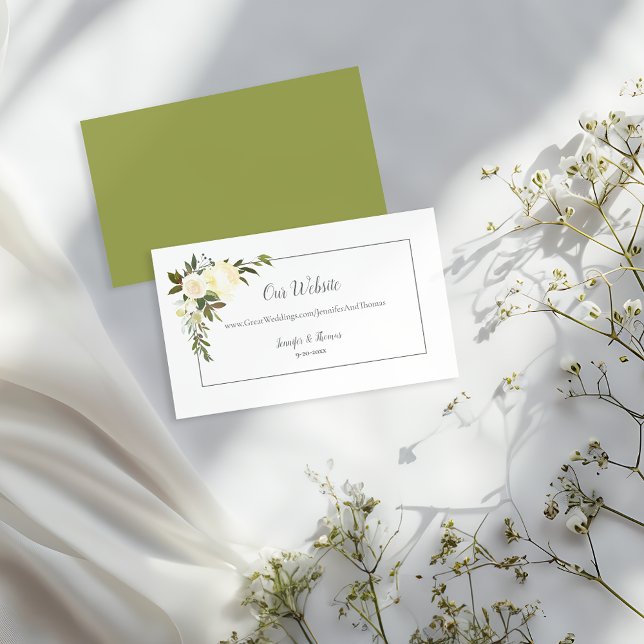 White Roses Floral Wedding Website | Olive Green Enclosure Card (Creator Uploaded)