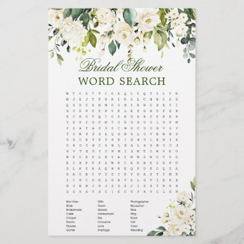 White Roses Floral Word Search Bridal Shower Game