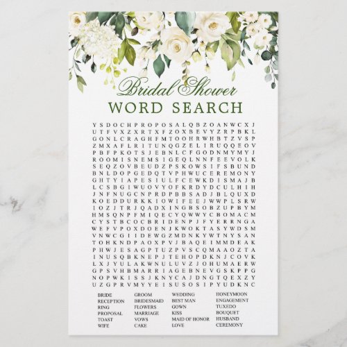 White Roses Floral Word Search Bridal Shower Game