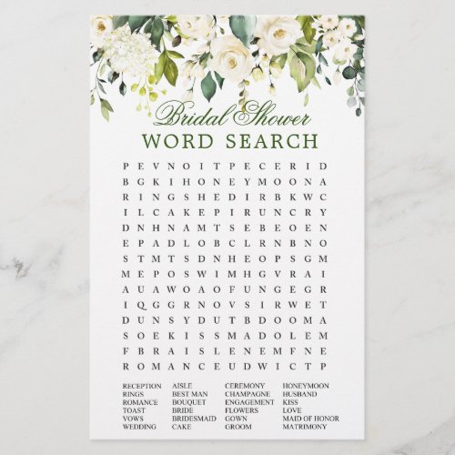 White Roses Floral Word Search Bridal Shower Game