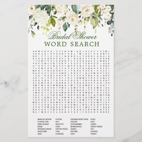 White Roses Floral Word Search Bridal Shower Game