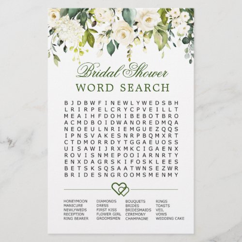 White Roses Floral Word Search Bridal Shower Game