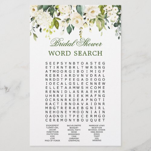 White Roses Floral Word Search Bridal Shower Game