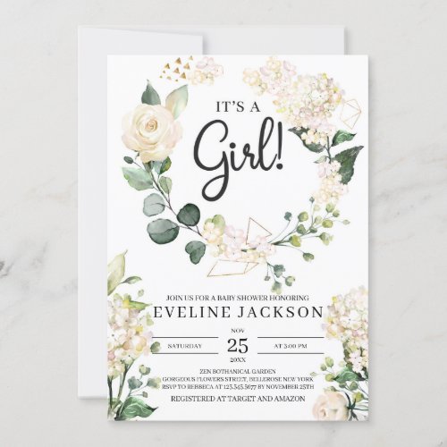 White roses floral wreath its a girl baby shower invitation