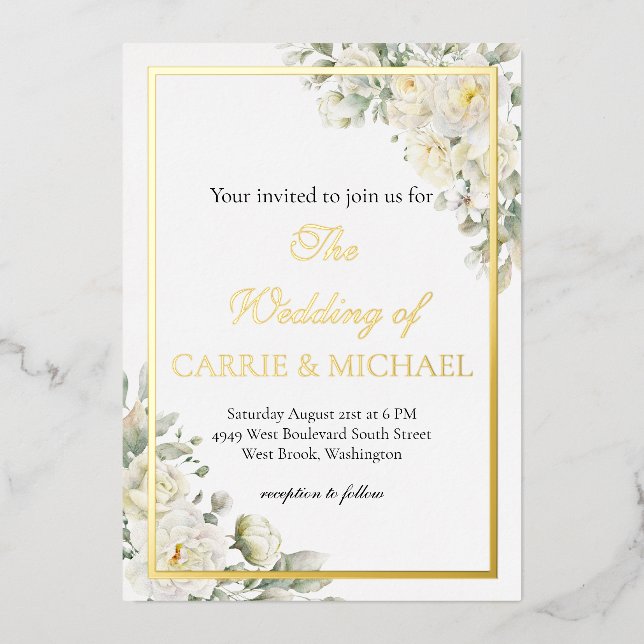 White Roses Foil Wedding Invitation (Front)