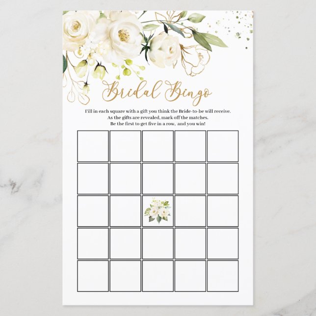 White Roses Foliage Bridal Bingo Game (Front)