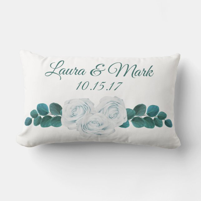White Roses & Foliage Couple's Names Wedding Date Lumbar Pillow (Front)