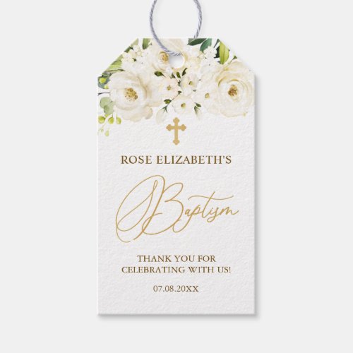 White Roses Foliage Cross Baptism Gift Tags
