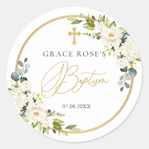 White Roses Foliage Cross Baptism Sticker