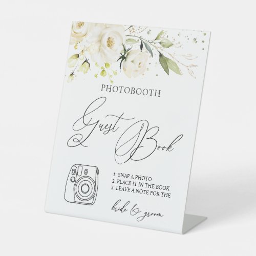 White Roses Foliage Photo Guest Book Pedestal Sign