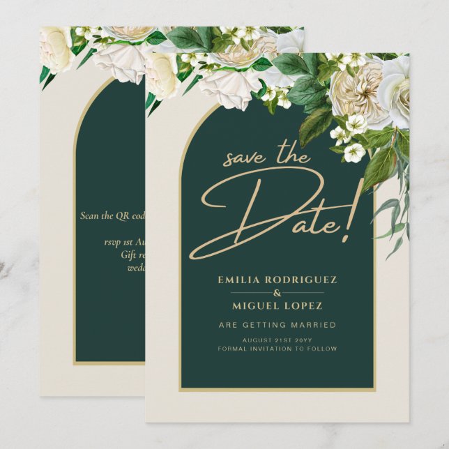 White Roses Forest Green Winter Wedding Save Dates Invitation (Front/Back)