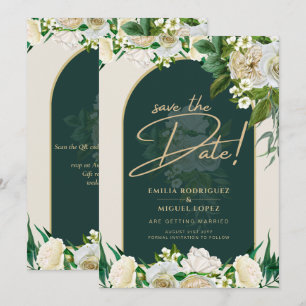 White Roses Forest Green Winter Wedding Save Dates Invitation
