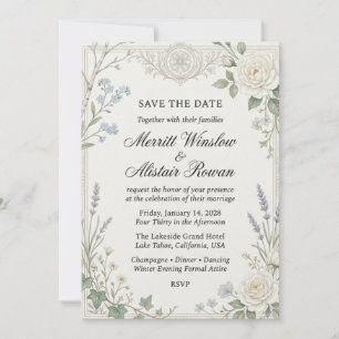 White Roses, Forget-Me-Nots, Lavender, Ivy, Birch Invitation