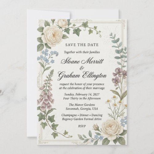 White Roses, Foxgloves, Ivy, Eucalyptus, Forget-Me Invitation