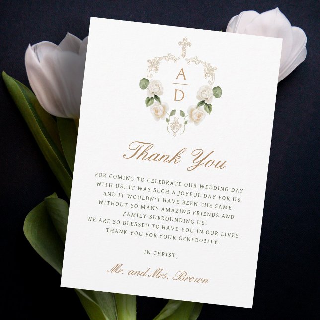 White Roses Frame Religious Wedding Thank You Card (Creator Uploaded)