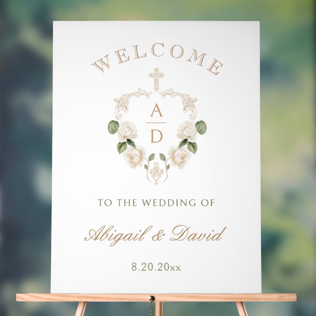 White Roses Frame Religious Wedding Welcome Acrylic Sign (Neutral)