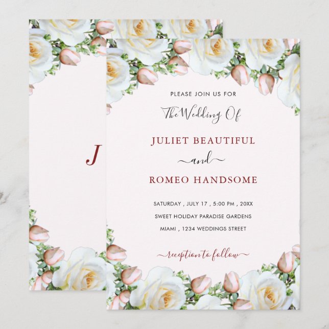 White Roses Frame Wedding Invitation Template (Front/Back)