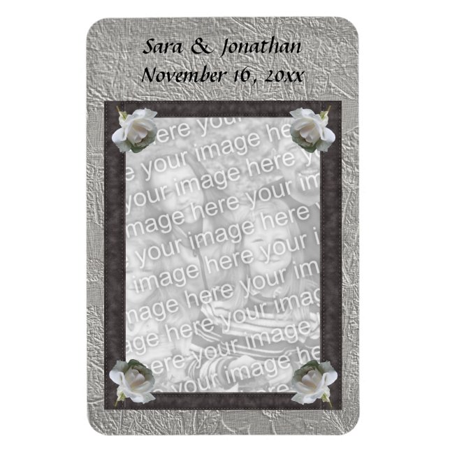 White Roses Frame Wedding Photo Personalized Magnet (Vertical)