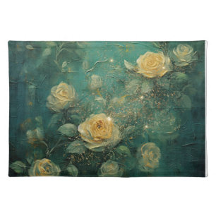 White Roses Gold Antique Vintage Romantic Green Cloth Placemat