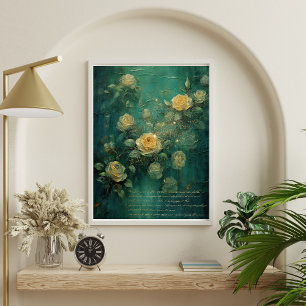 White Roses Gold Antique Vintage Romantic Green Poster