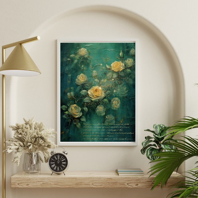 White Roses Gold Antique Vintage Romantic Green  Poster (White Roses with Gold and Green Vintage Antique Handwriting Wall Art poster.)