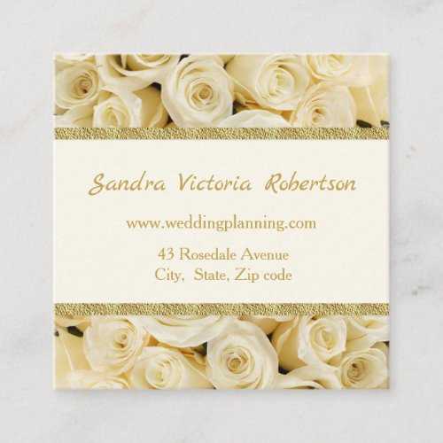 White roses gold border Wedding planner Square Business Card