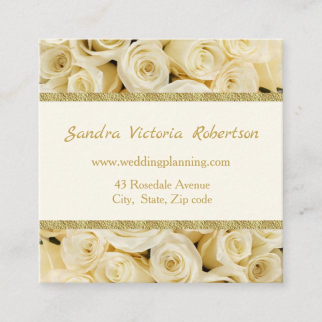 White roses, gold border Wedding planner Square Business Card (Front)
