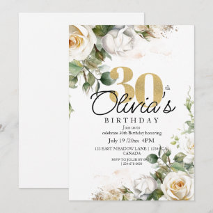 White Roses & Gold Dusty Floral 30th Birthday Invitation