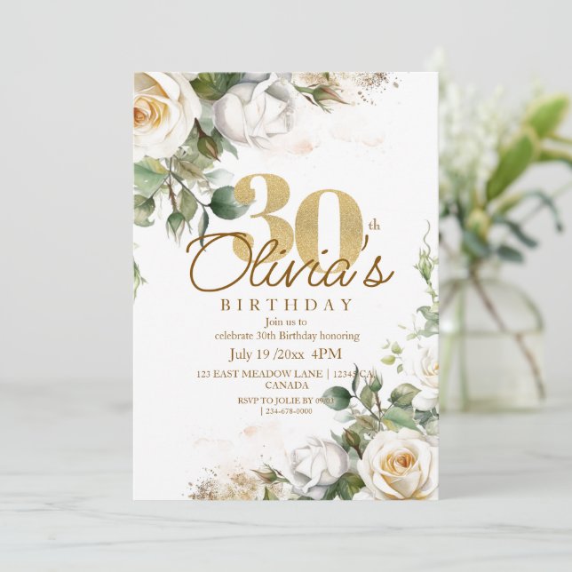  White Roses & Gold Dusty Floral 30th Birthday Invitation (Standing Front)