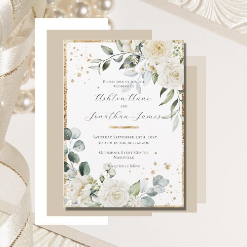 White Roses Gold Elegant Modern Wedding Invitation