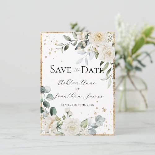 White Roses Gold Elegant Modern Wedding Save The Date