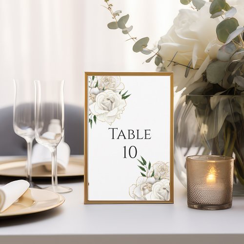 White Roses Gold Elegant Wedding Table Number Card