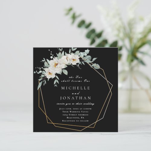 White Roses Gold Frame on Black Christian Wedding Invitation