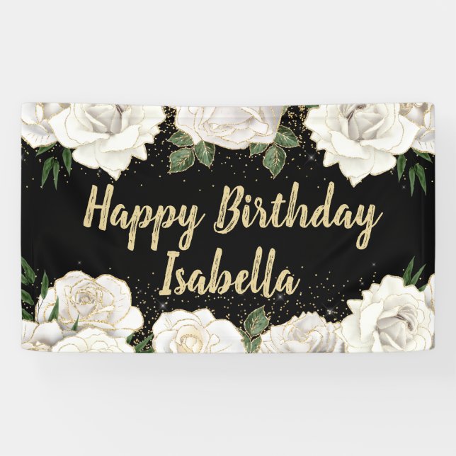 White Roses Gold Glitter Happy Birthday Name Black Banner (Horizontal)