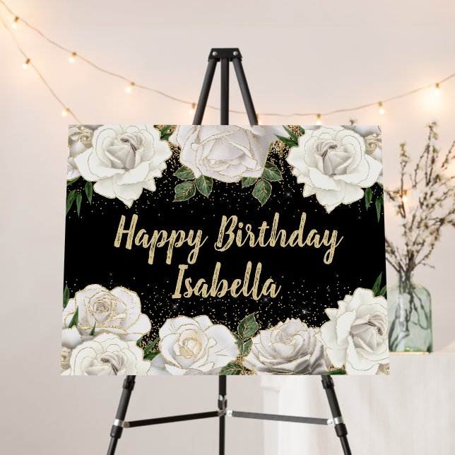 White Roses Gold Glitter Happy Birthday Name Black Foam Board (In Situ (Stand))