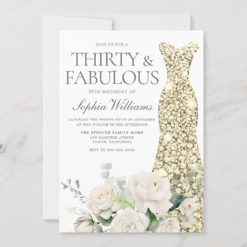 White Roses Gold Gown 30th Birthday Party Invitation
