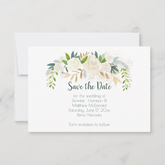 White Roses Gold Green Leaves Save The Date | (Front)