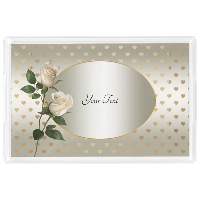 White Roses Gold Hearts Acrylic Vanity Tray (Front)