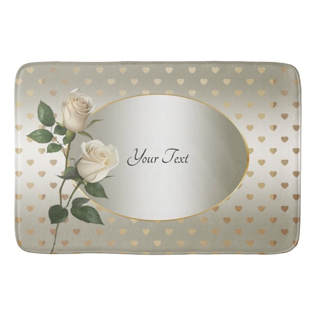 White Roses Gold Hearts Bath Mat (Front)