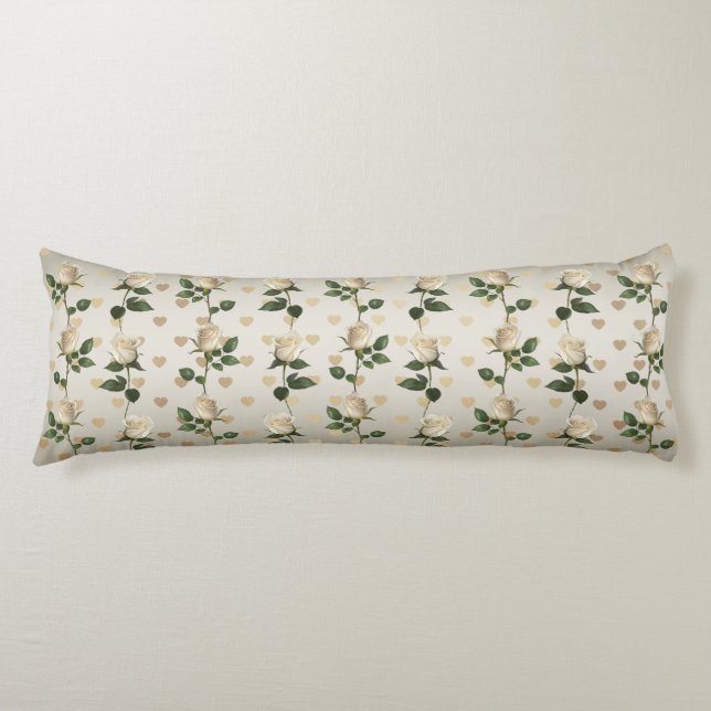 White Roses Gold Hearts Body Pillow (Front)