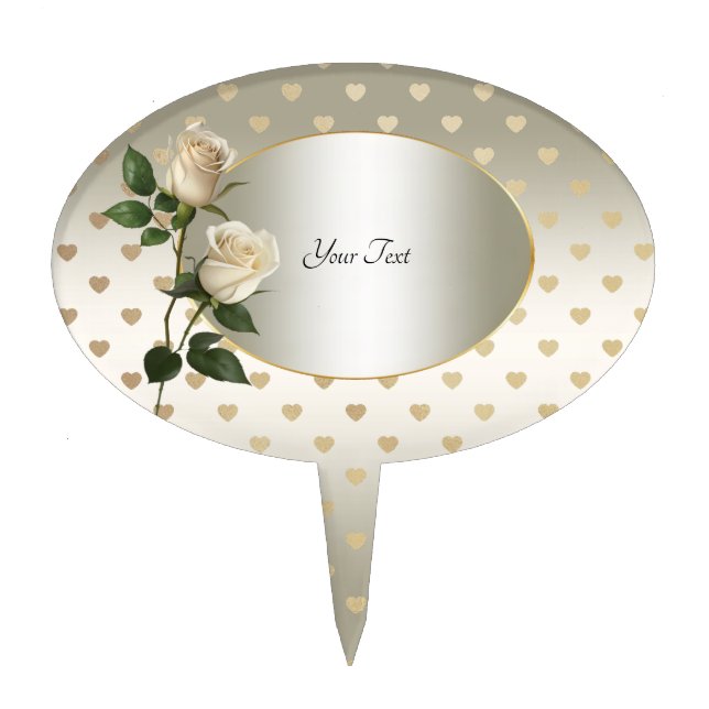 White Roses Gold Hearts Cake Topper (Front)