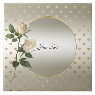White Roses Gold Hearts Ceramic Tile