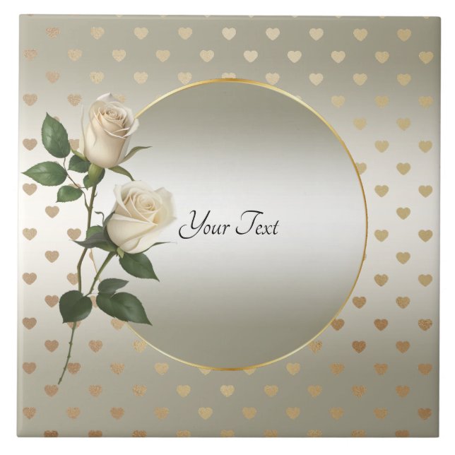 White Roses Gold Hearts Ceramic Tile (Front)
