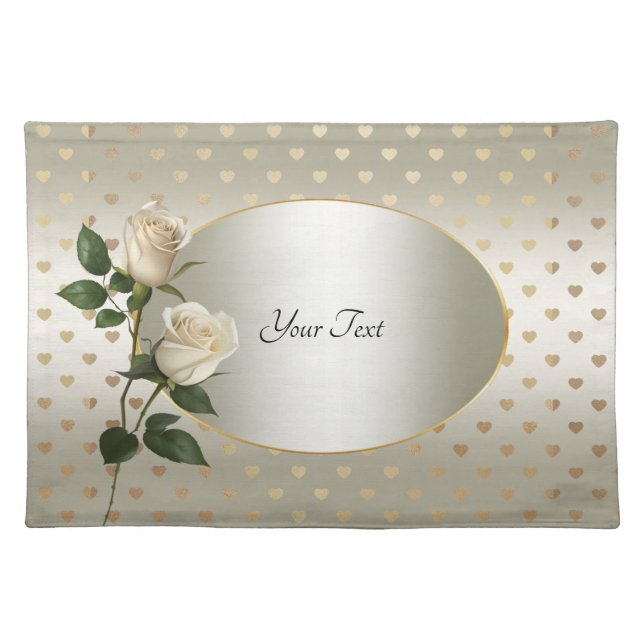 White Roses Gold Hearts Cloth Placemat (Front)